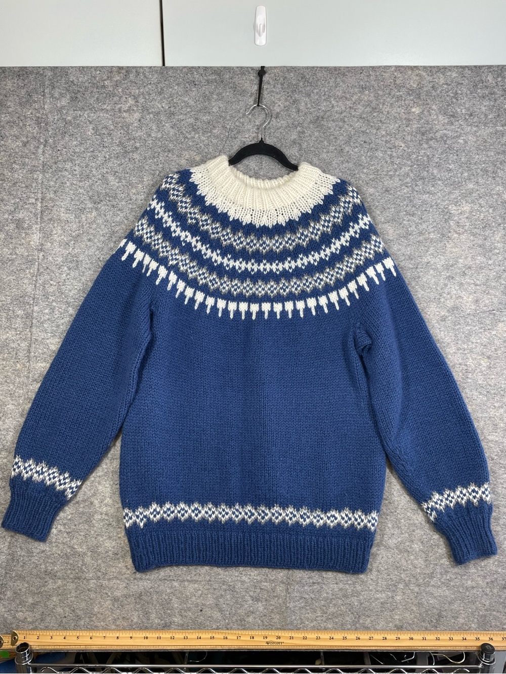 Vintage Handmade Icelandic Fair Isle Sweater Blue Wool Nordic Ski Fisherman Core